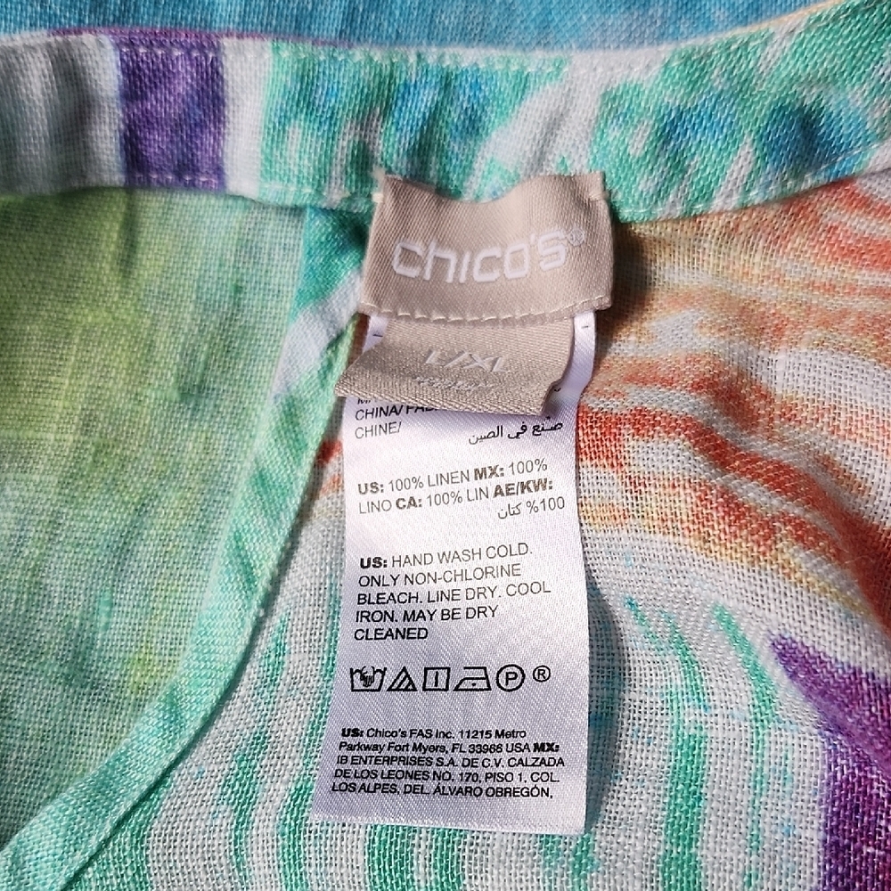 Chico's Linen V-Neck Top in Aqua, Teal, Coral & Purple Stripes - Picture 9 of 10